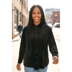 (G-209)Cuddl Duds Double Plush Velour Tunic Shirt Black Button Front Women's M